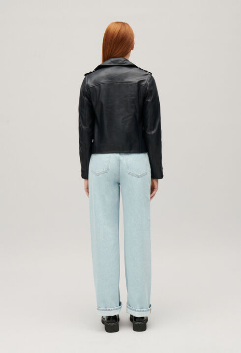 Chaqueta de piel lisa azul marino