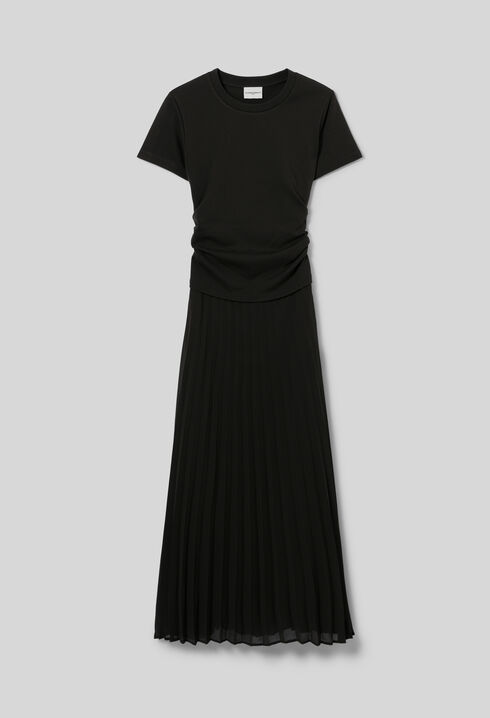 Vestido recto bimaterial plisado