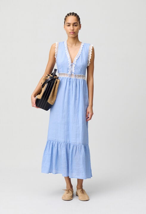 Vestido largo de rayas con encaje