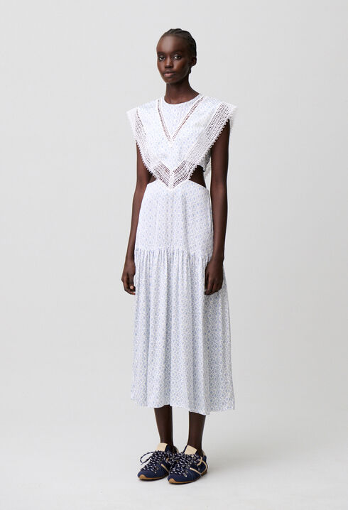 Vestido largo satinado con encaje