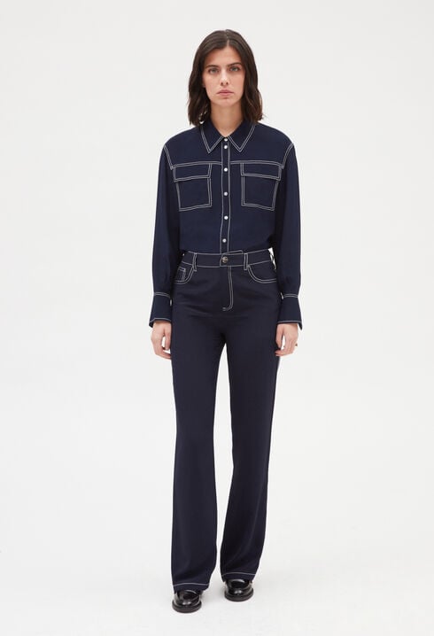 Camisa con manga larga en seda azul