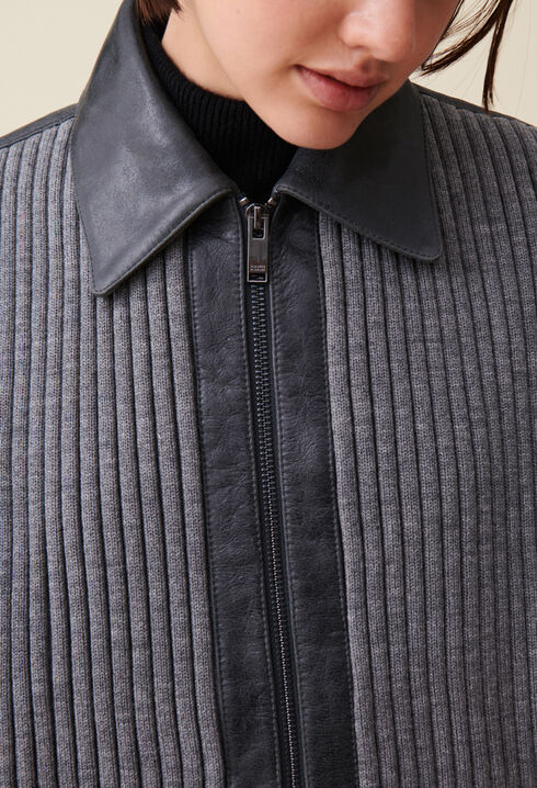 Bomber gris bimateria de cuero