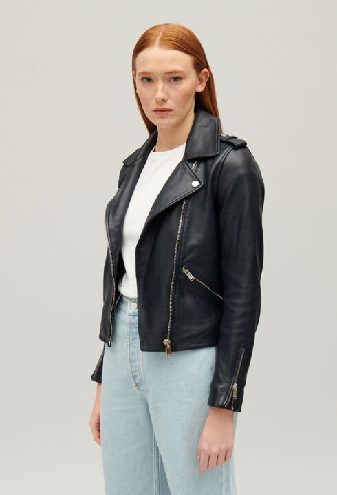 Chaqueta de piel lisa azul marino