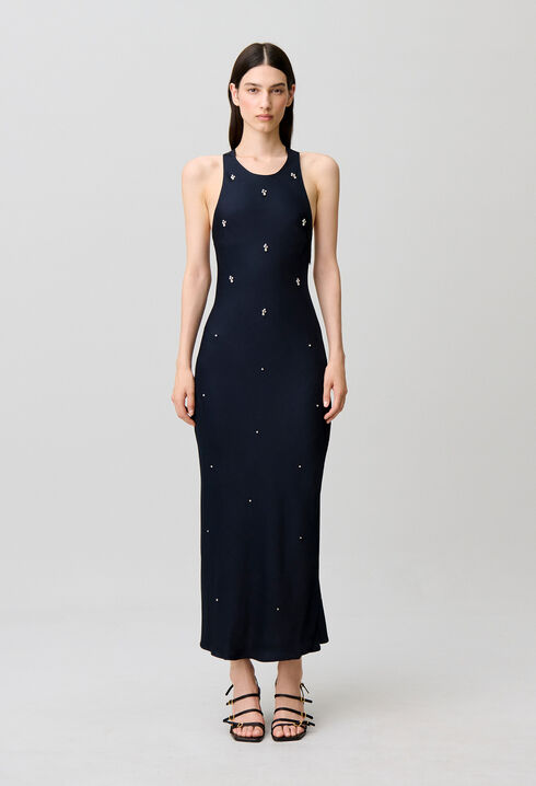 Vestido largo sat&eacute;n con pedrer&iacute;a