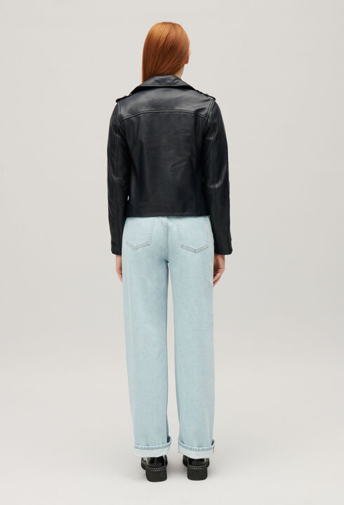 Chaqueta de piel lisa azul marino