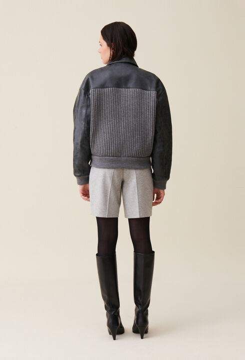 Bomber gris bimateria de cuero