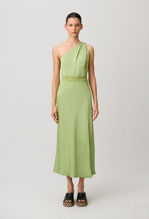 Vestido largo satinado con encaje