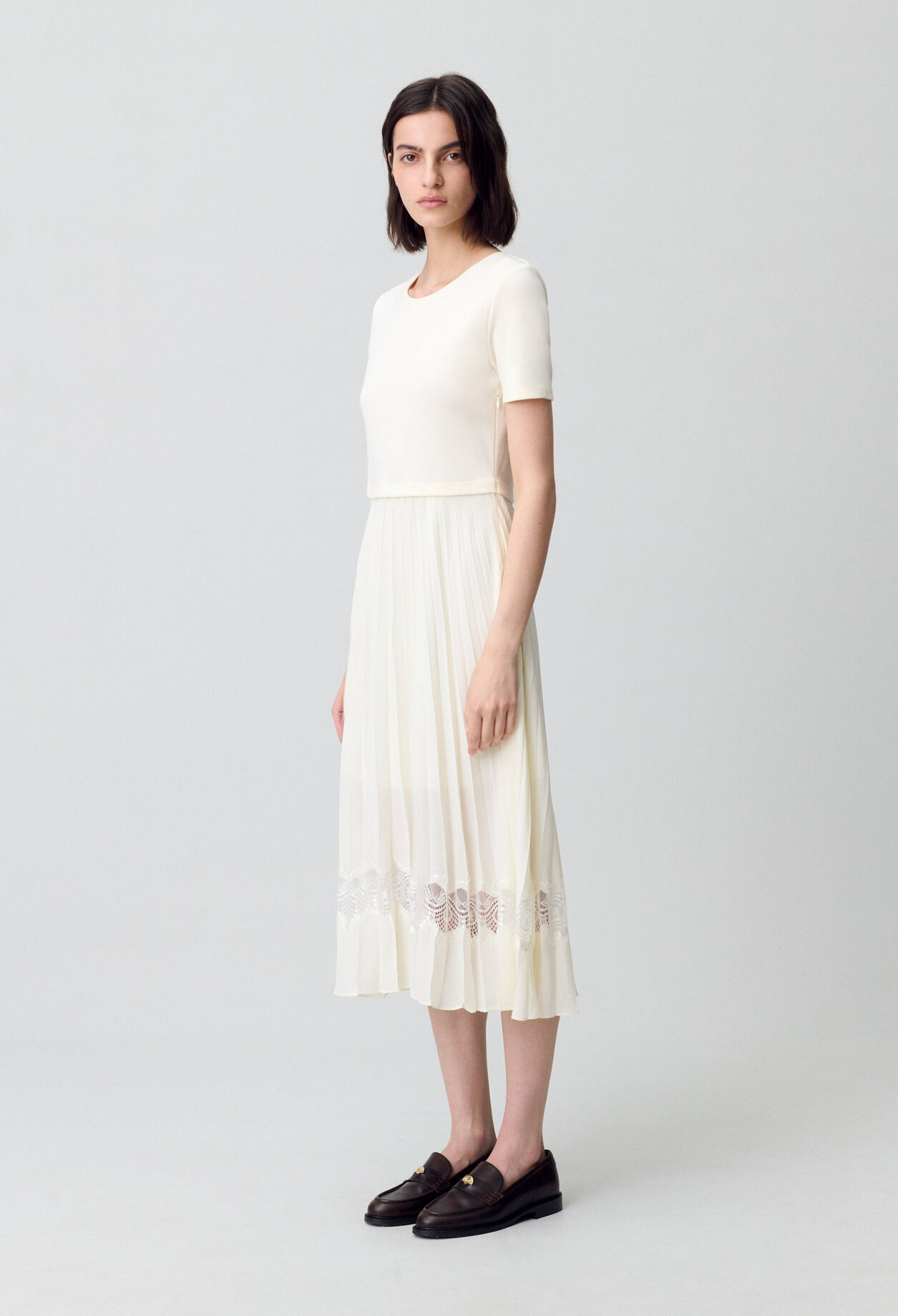 Vestido midi Twist bimaterial marfil