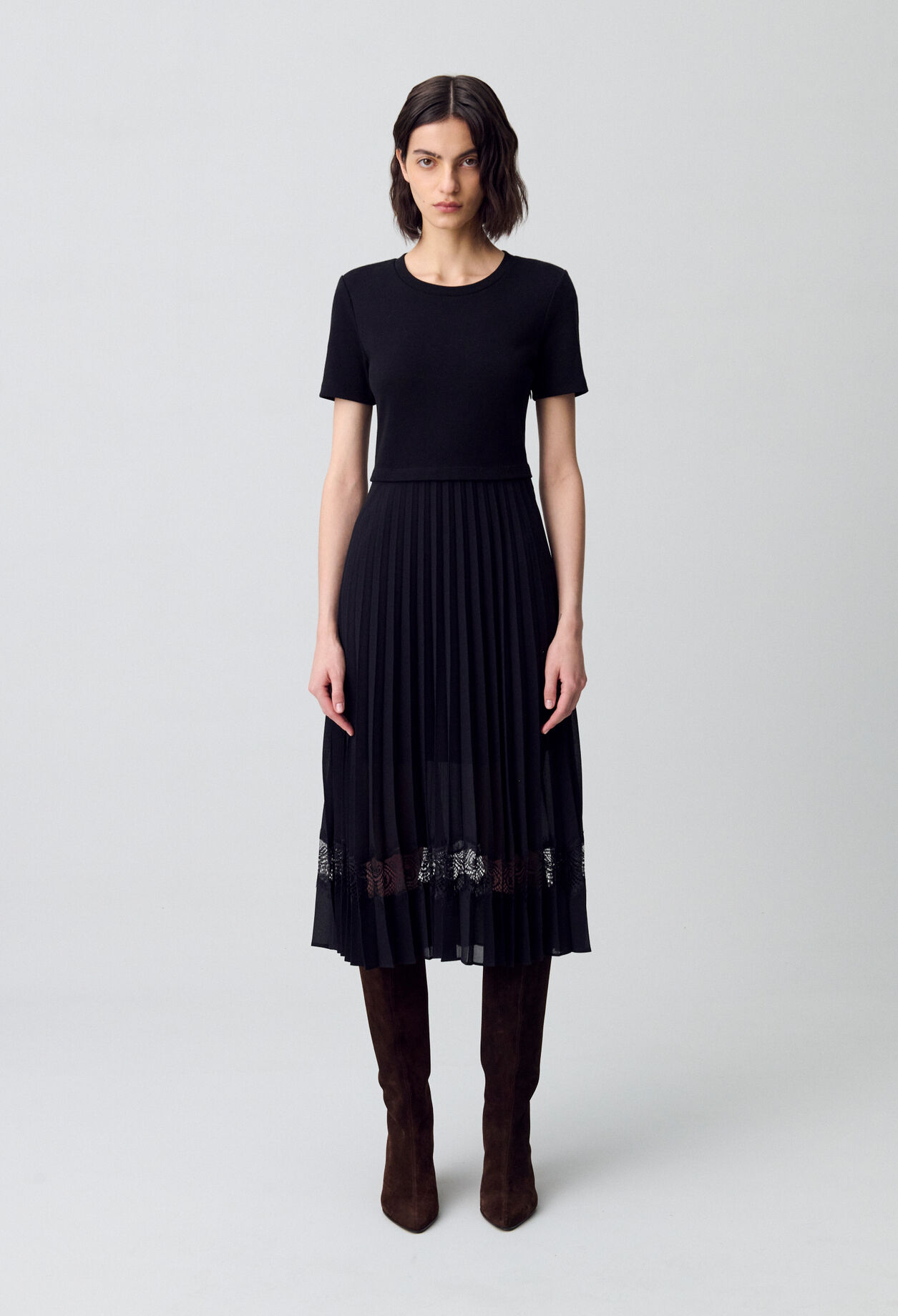 Vestido midi Twist bimaterial negro