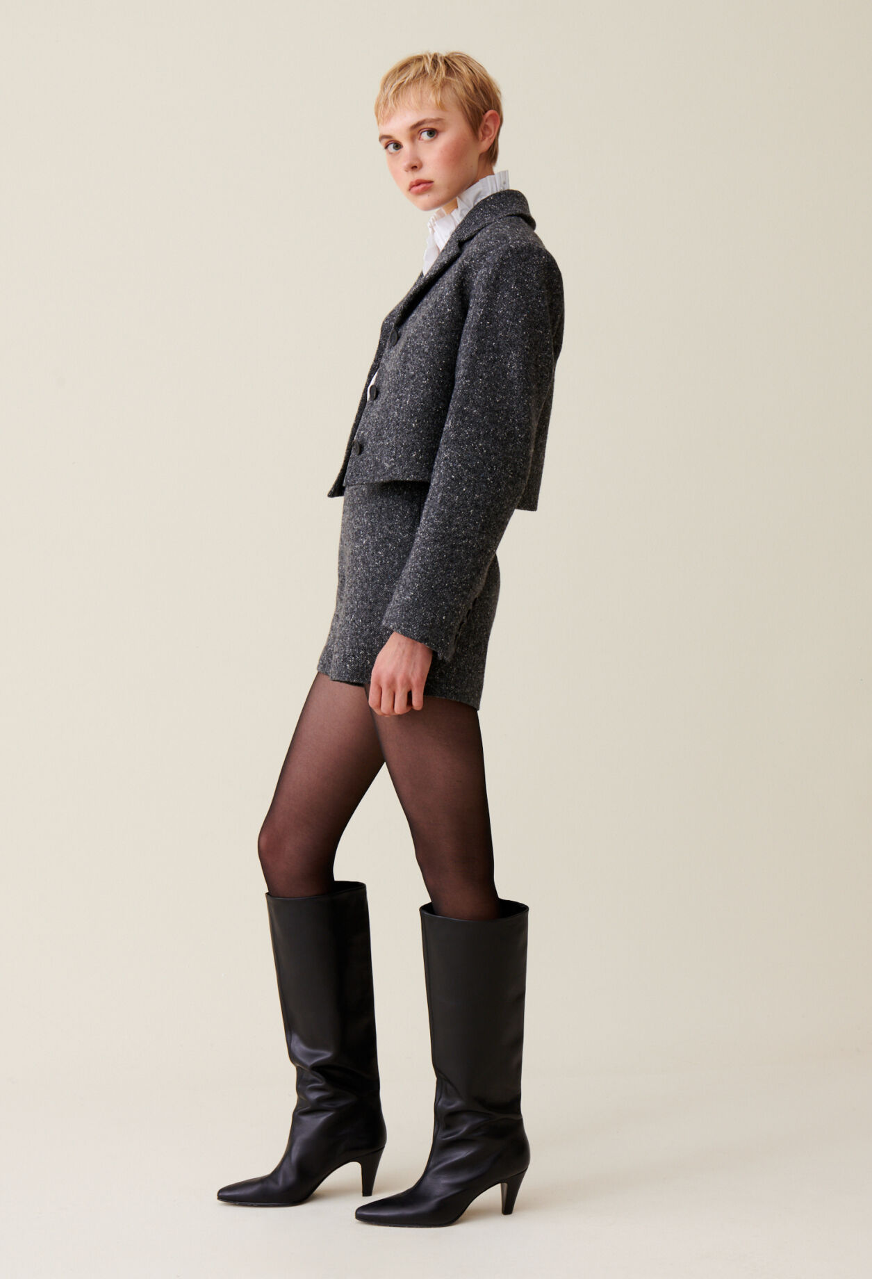 Chaqueta tweed gris lana mixta