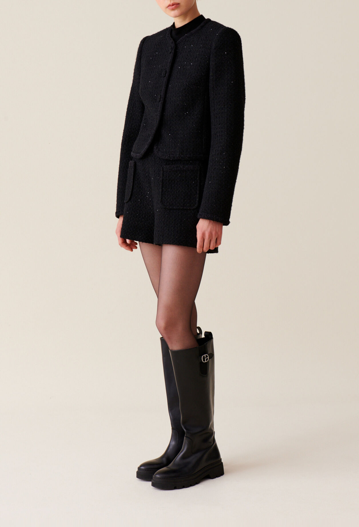 Chaqueta recta de tweed negra