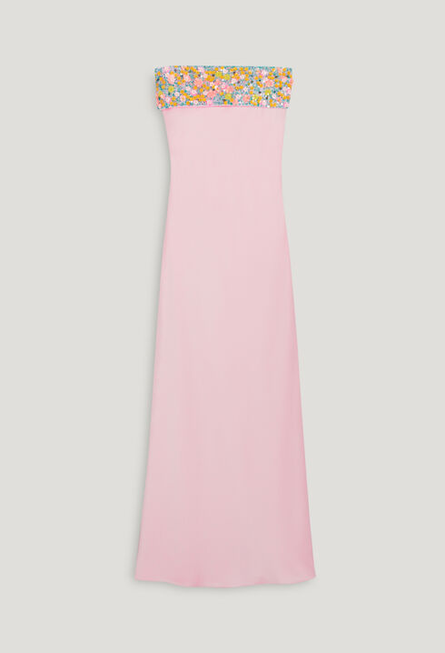 Vestido largo sin tirantes bordado blush