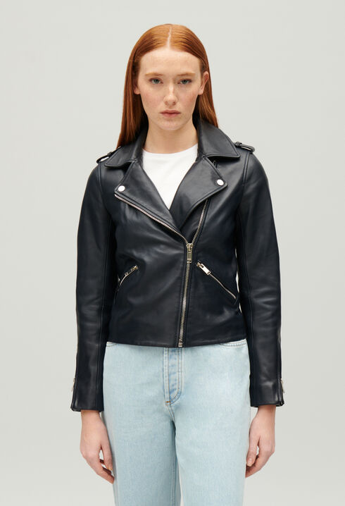 Chaqueta de piel lisa azul marino