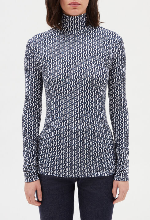Camiseta cuello alto con monograma azul 