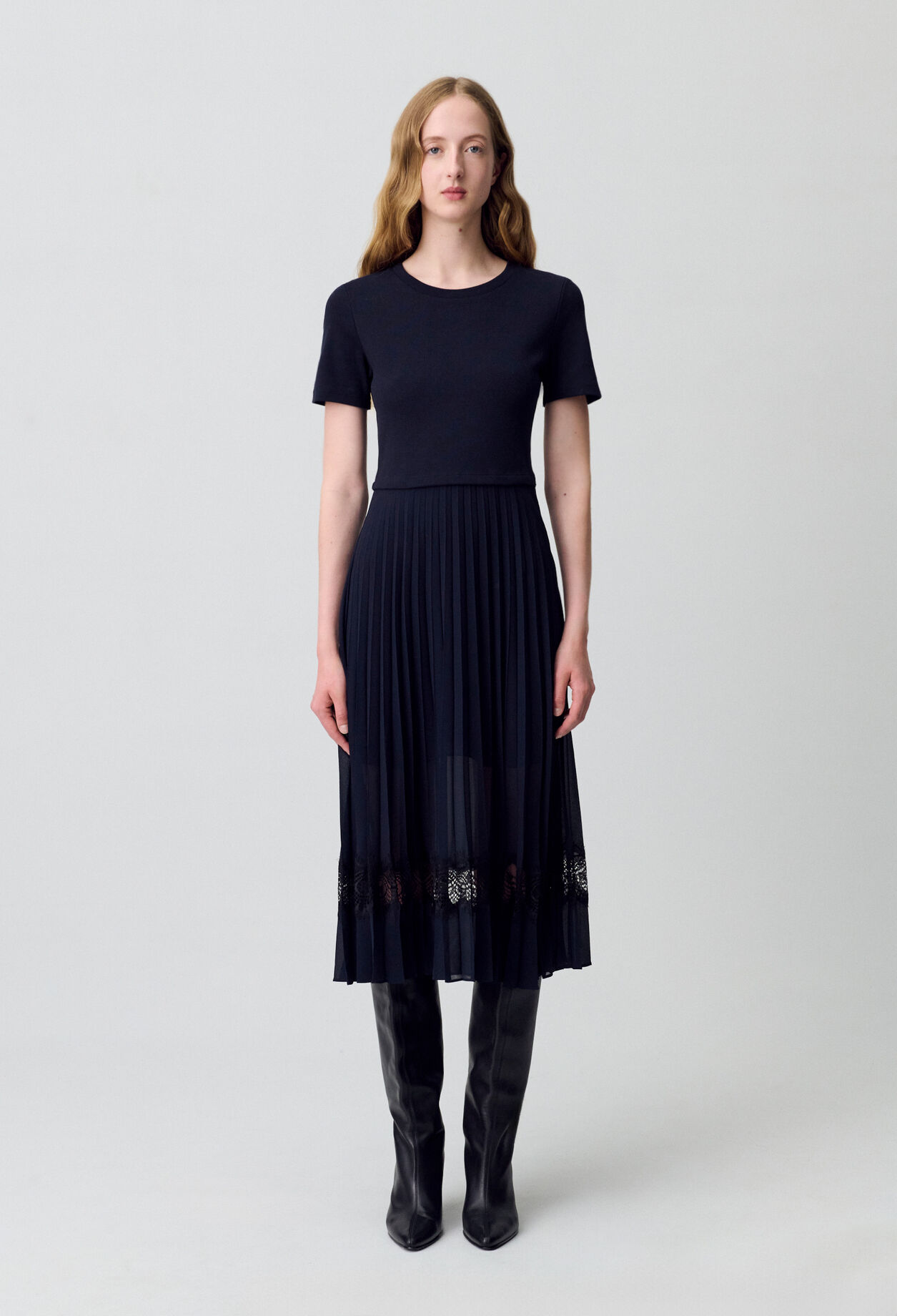Vestido bimaterial negro y azul marino 