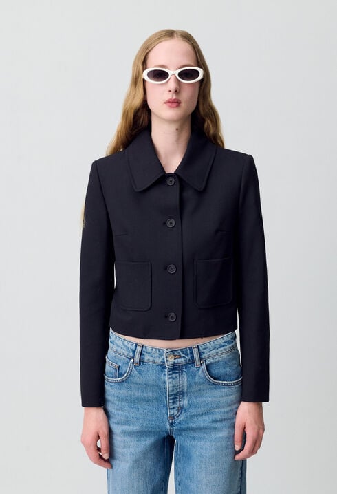 Chaqueta caja mezcla de lana negra