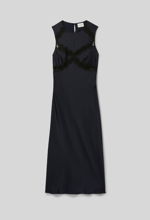 Vestido largo satinado con encaje
