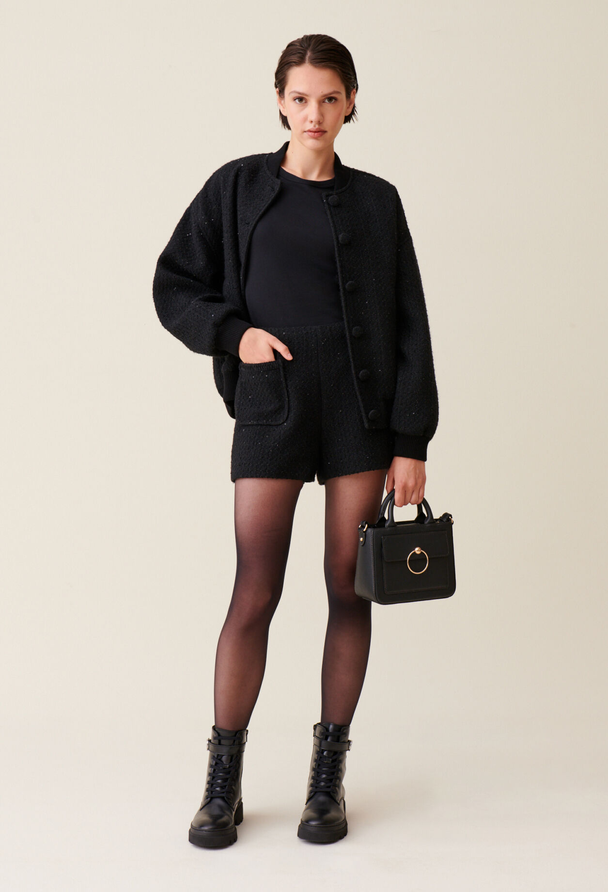 Short negro recto de tweed