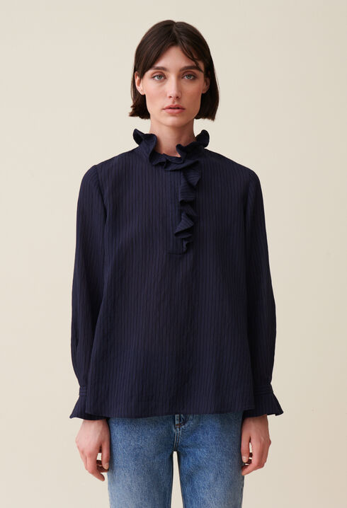 Blusa de rayas volantes azul oscuro
