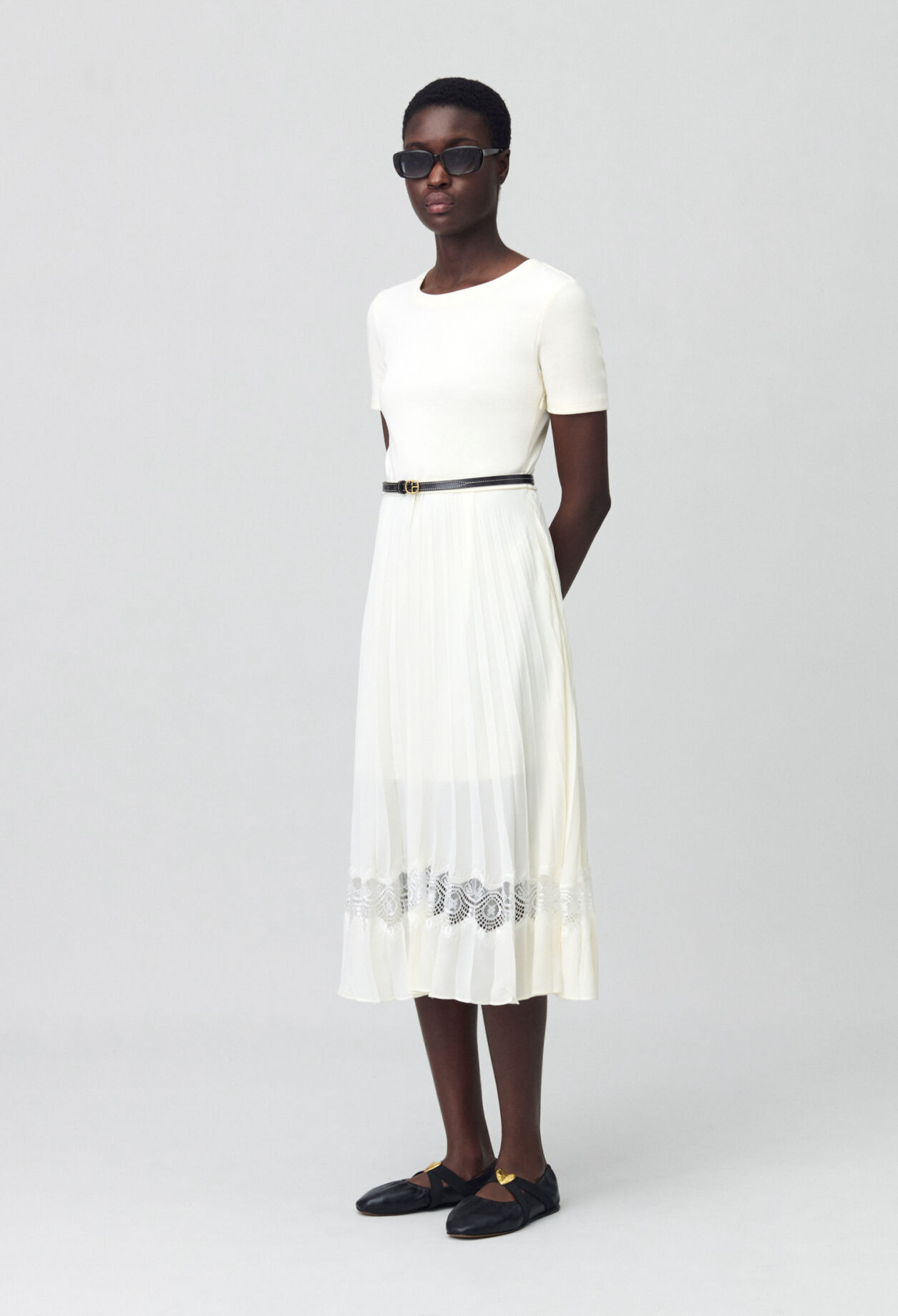 Vestido midi Twist bimaterial marfil