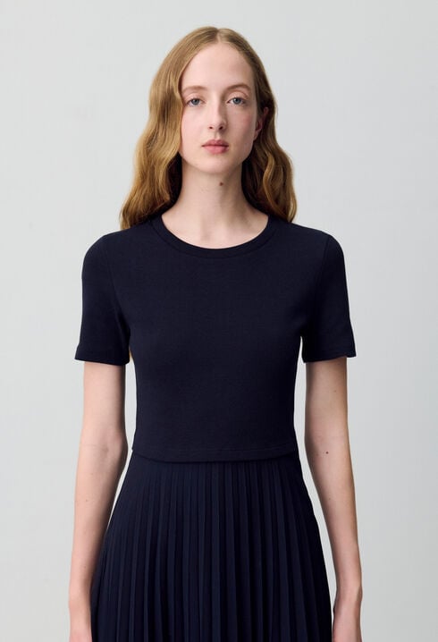 Vestido bimaterial negro y azul marino 