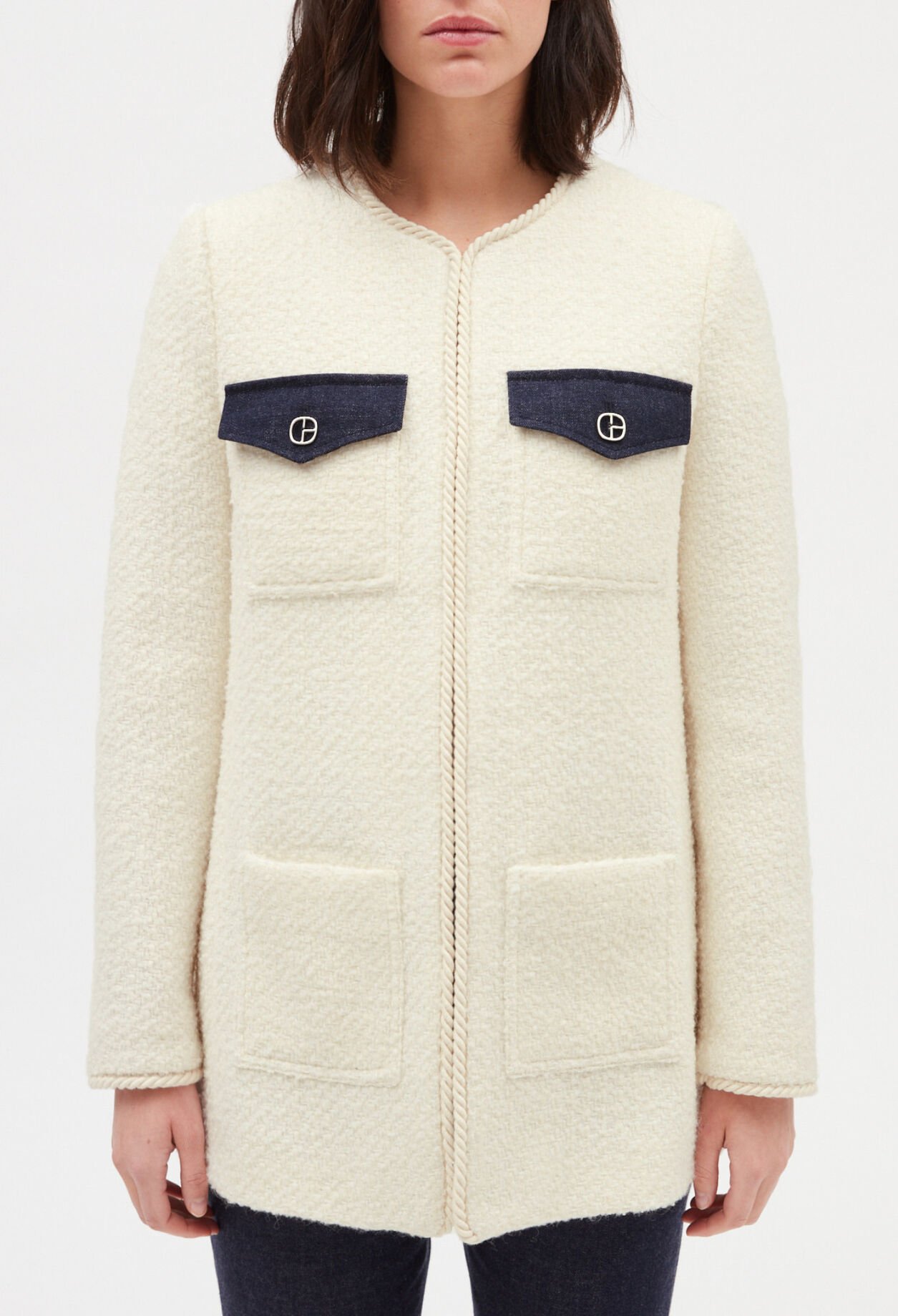 Chaqueta tweed de manga larga en beige