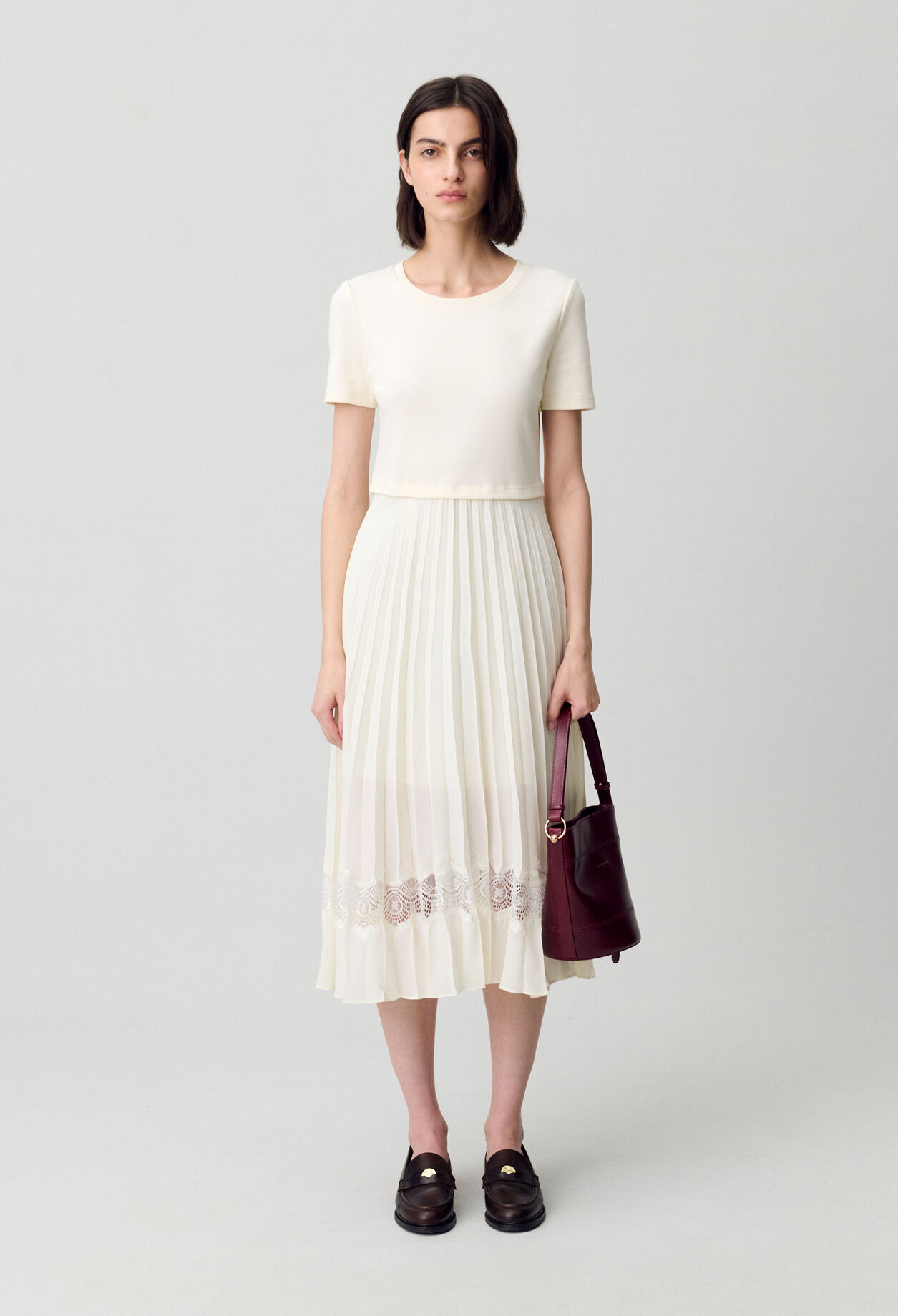 Vestido midi Twist bimaterial marfil