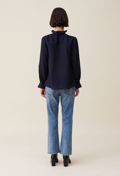Blusa de rayas volantes azul oscuro