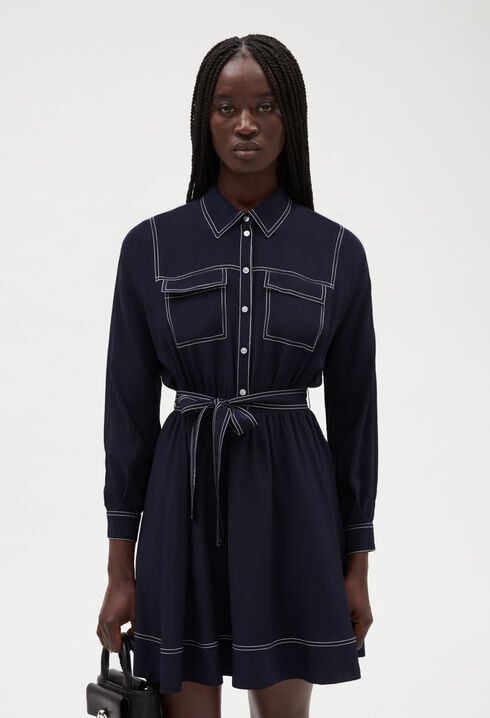 Vestido corto manga larga en seda azul