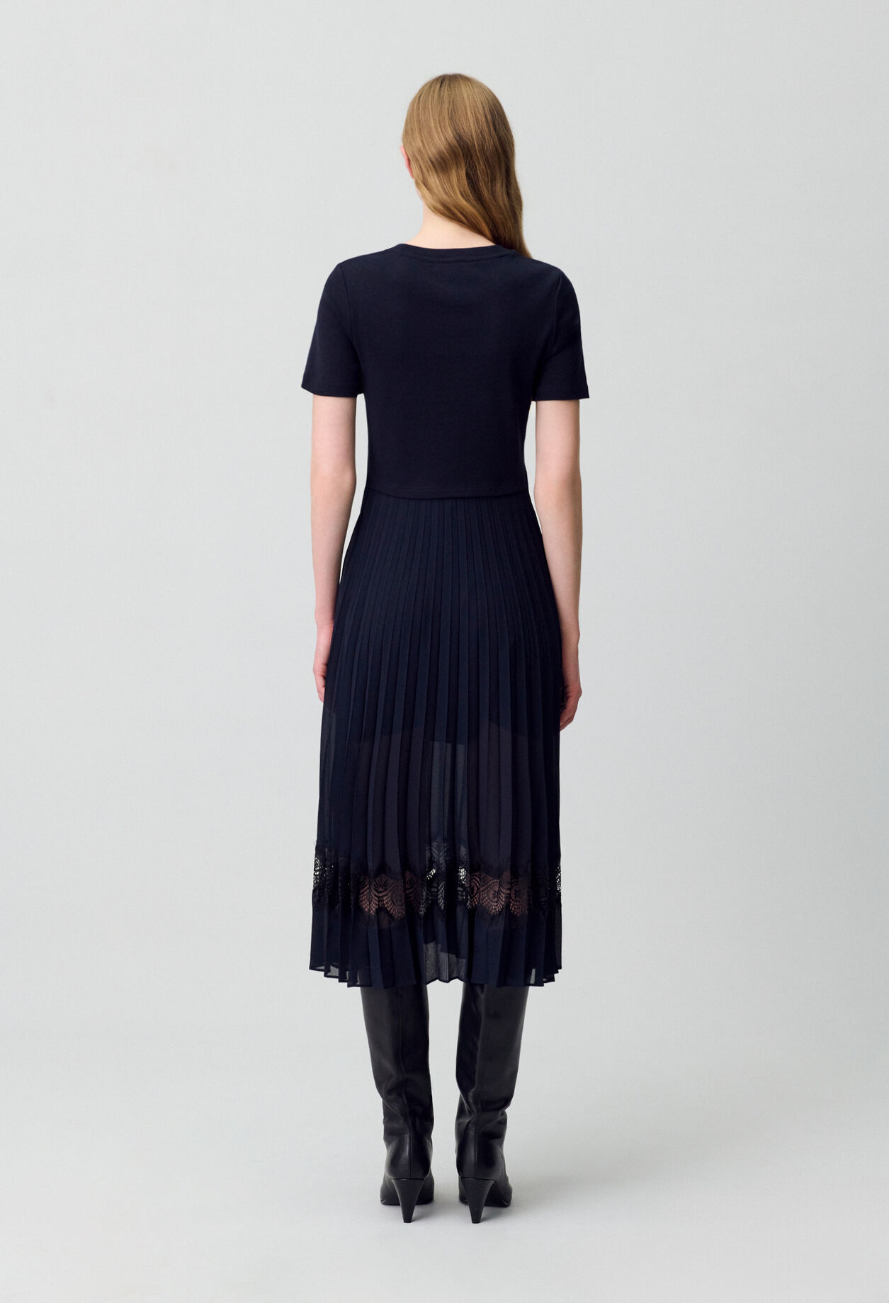 Vestido bimaterial negro y azul marino 