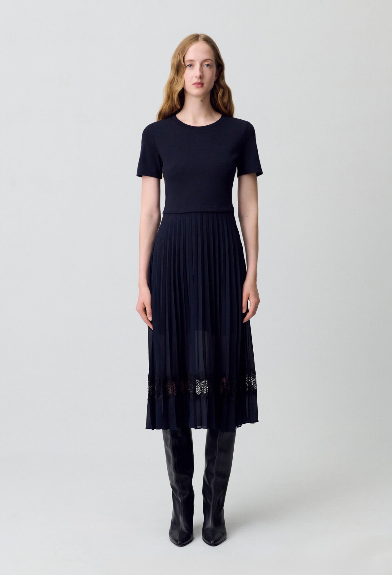 Vestido bimaterial negro y azul marino 