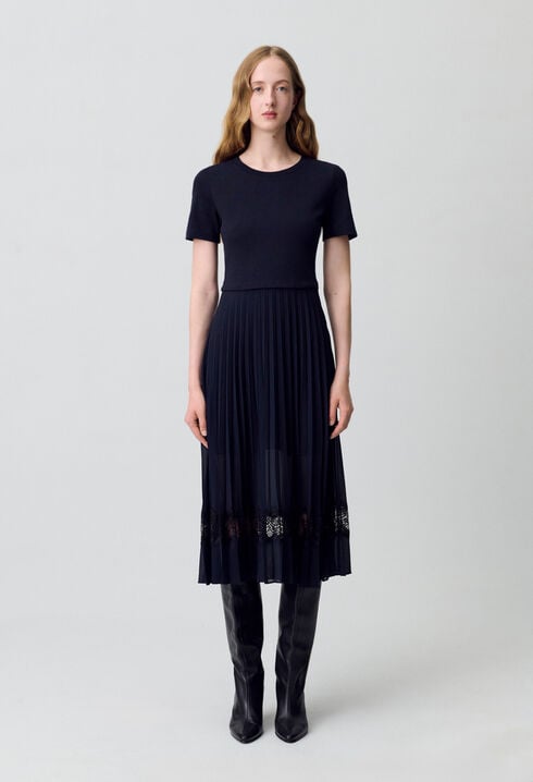 Vestido bimaterial negro y azul marino 