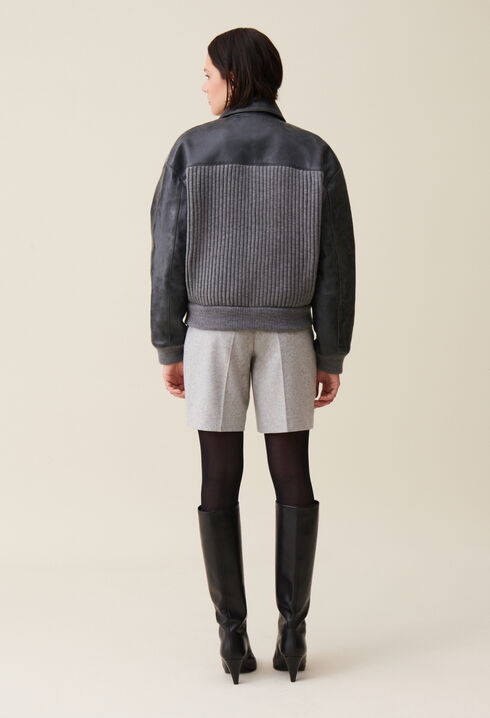 Bomber gris bimateria de cuero