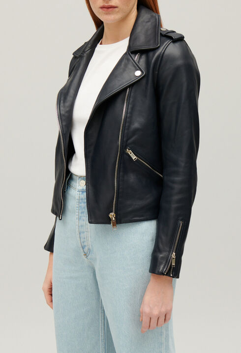 Chaqueta de piel lisa azul marino