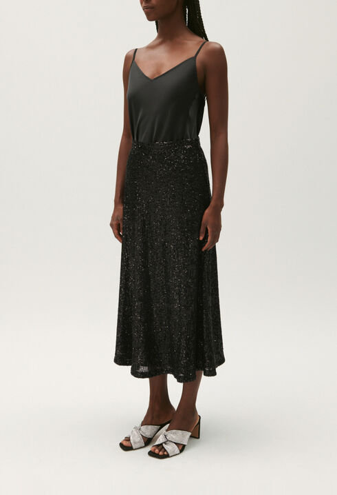 Falda midi de lentejuelas negra