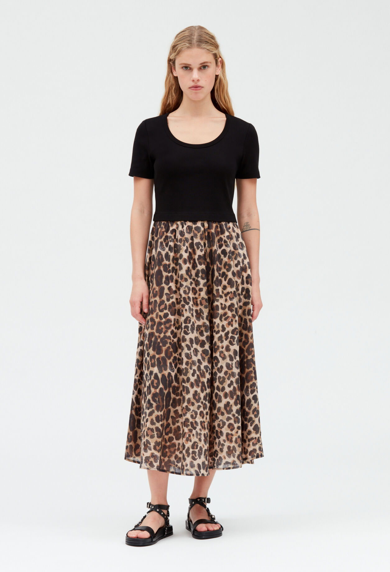 Vestido midi bimaterial de leopardo