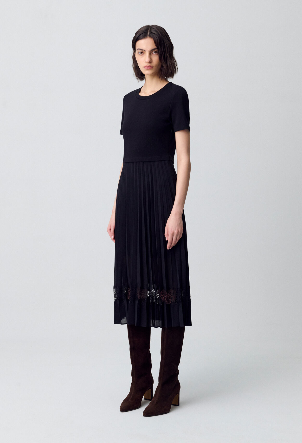Vestido midi Twist bimaterial negro