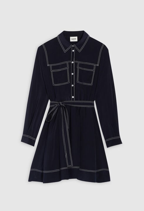 Vestido corto manga larga en seda azul