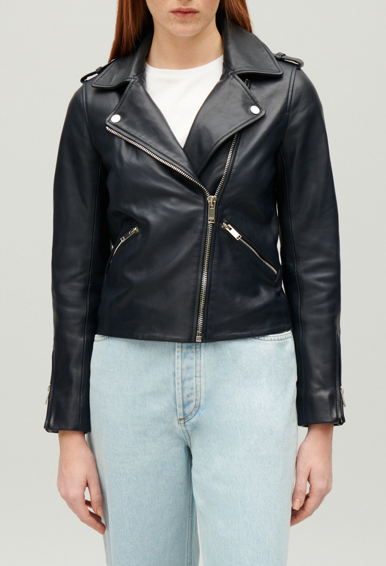 Chaqueta de piel lisa azul marino