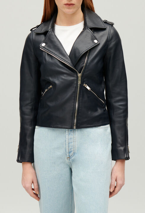 Chaqueta de piel lisa azul marino