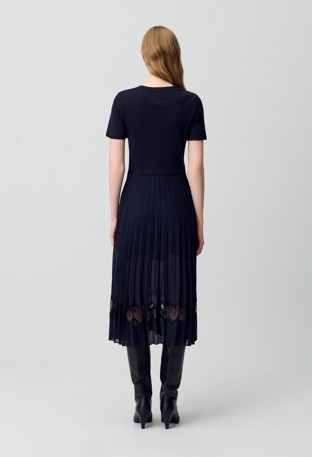 Vestido bimaterial negro y azul marino 