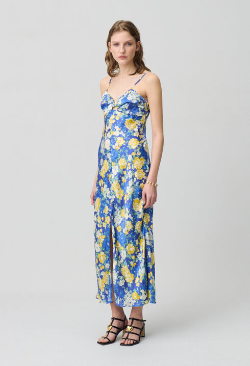 Vestido largo satinado estampada
