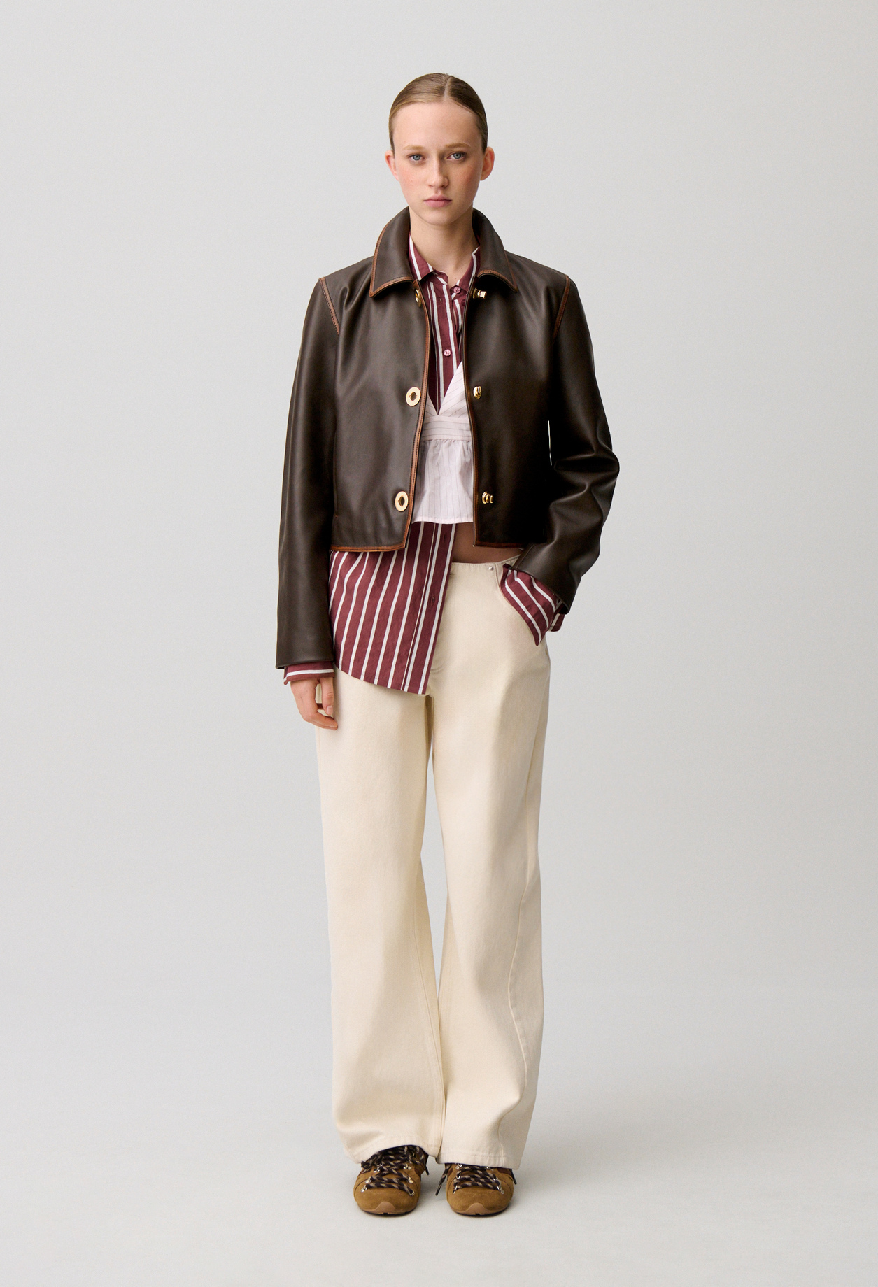 Chaqueta corta de cuero envejecido - Mujer - Castaño fonce - Claudie Pierlot