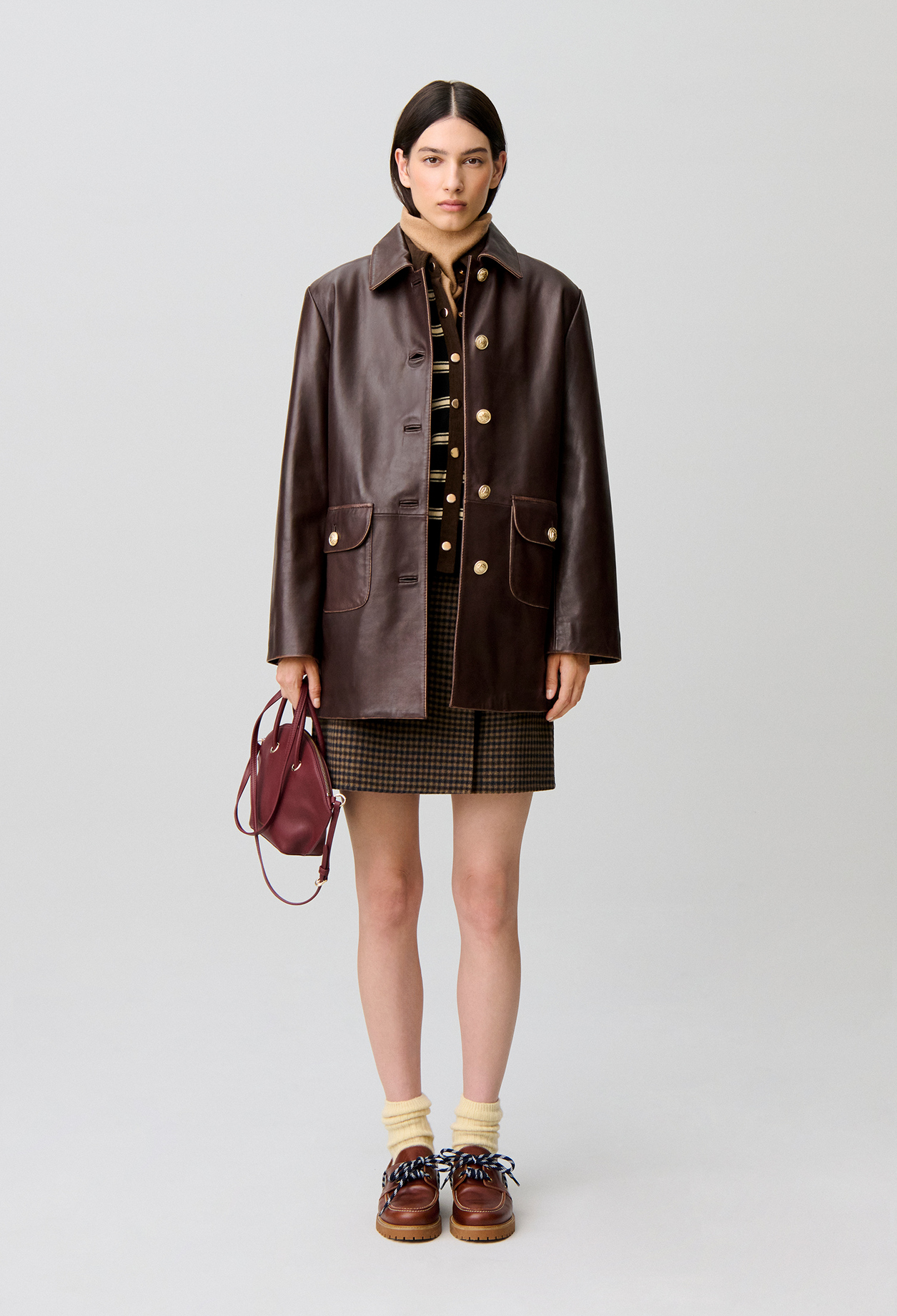 Chaqueta recta ancha piel midi - Mujer - Castaño - Claudie Pierlot
