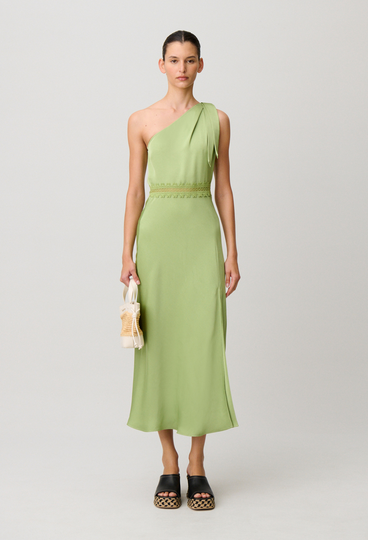 Vestido largo satinado con encaje - Mujer - Pistache - Claudie Pierlot