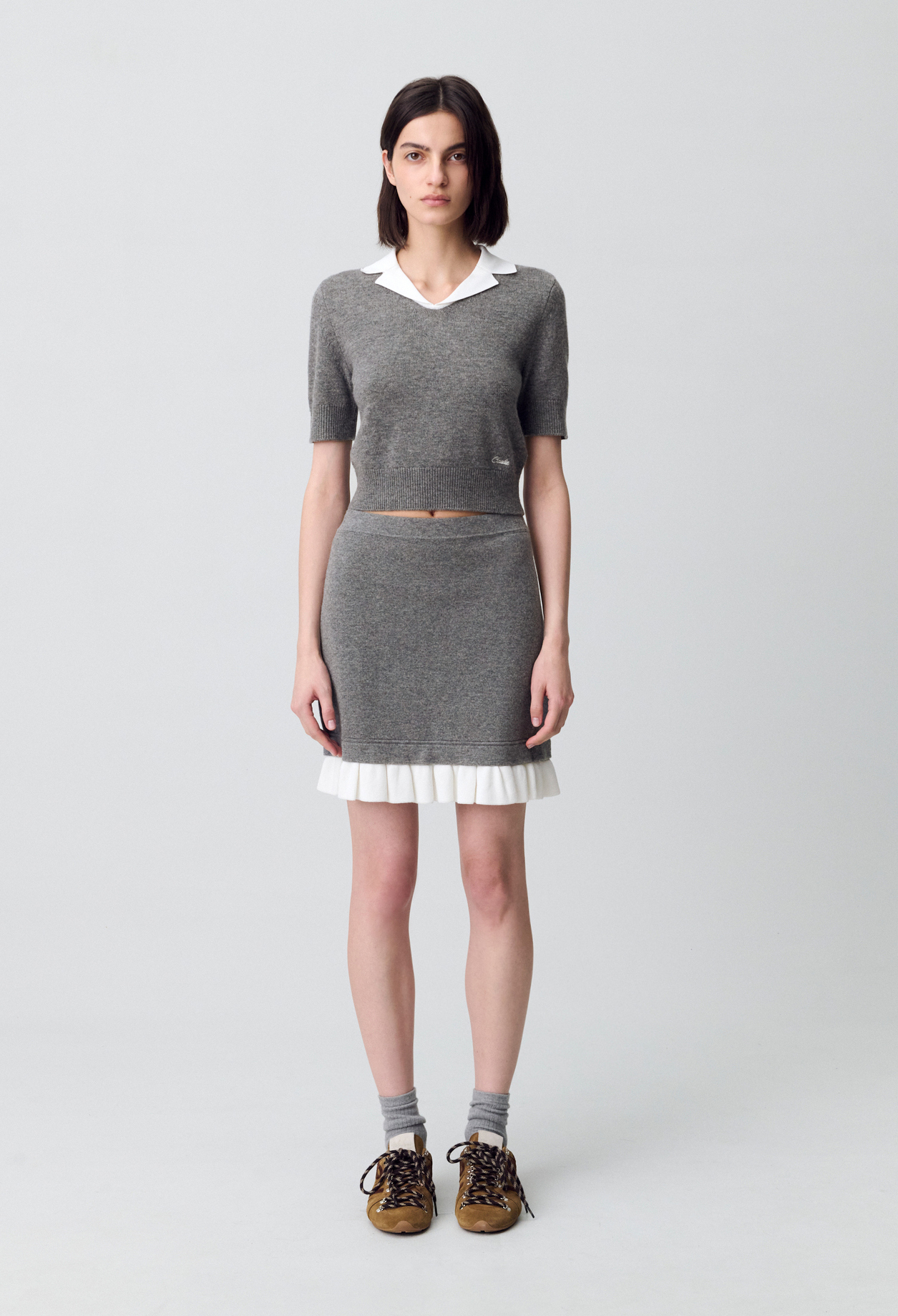 Falda corta de punto fino - Mujer - Gris jaspeado - Claudie Pierlot