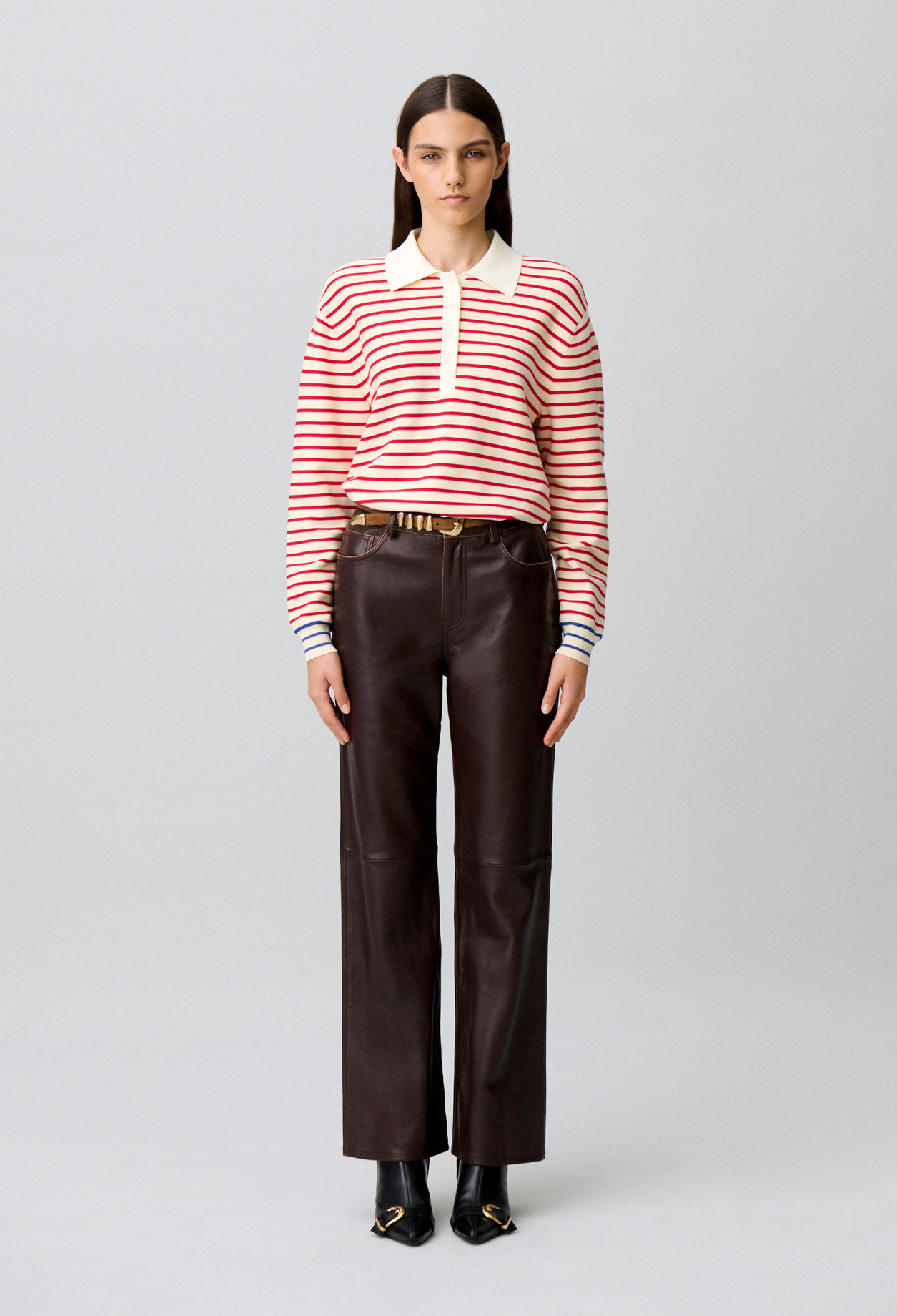 Pantalón recto cuero botón dorado - Mujer - Castaño - Claudie Pierlot