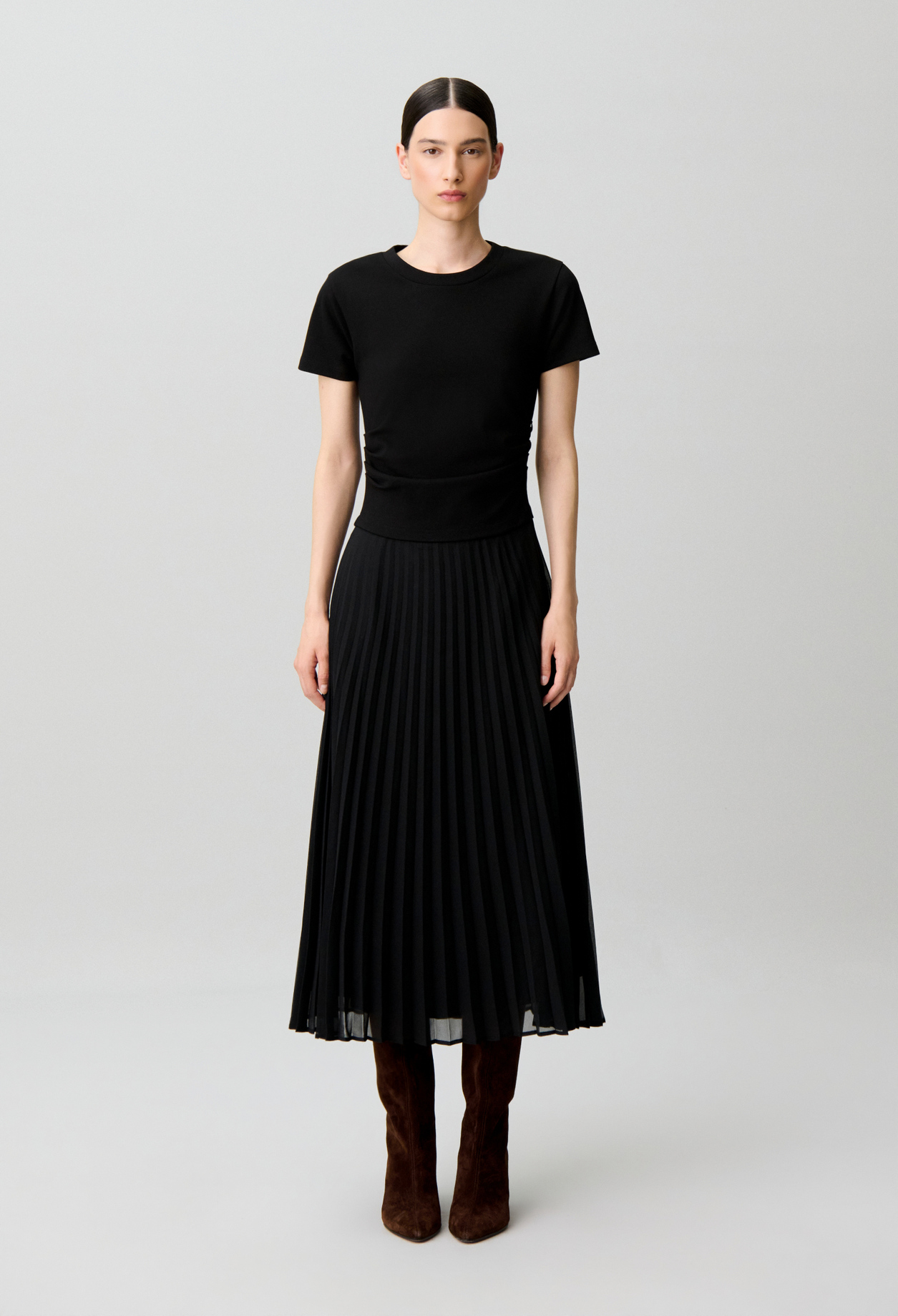 Vestido recto bimaterial plisado - Mujer - Negro - Claudie Pierlot